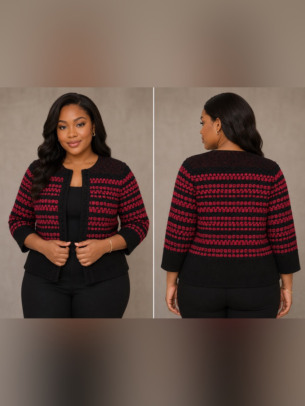 Ming Wang Sapphire PS Petite Black Red Textured Knit Open Front Career Jacket